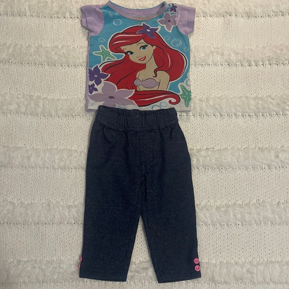 Disney the little mermaid short sleeve top and jeans baby girls size 12 M months